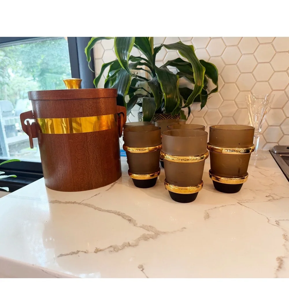 Culver Regency Frosted Gold Highball Glasses & Teak Wood Ice Bucket MCM Set